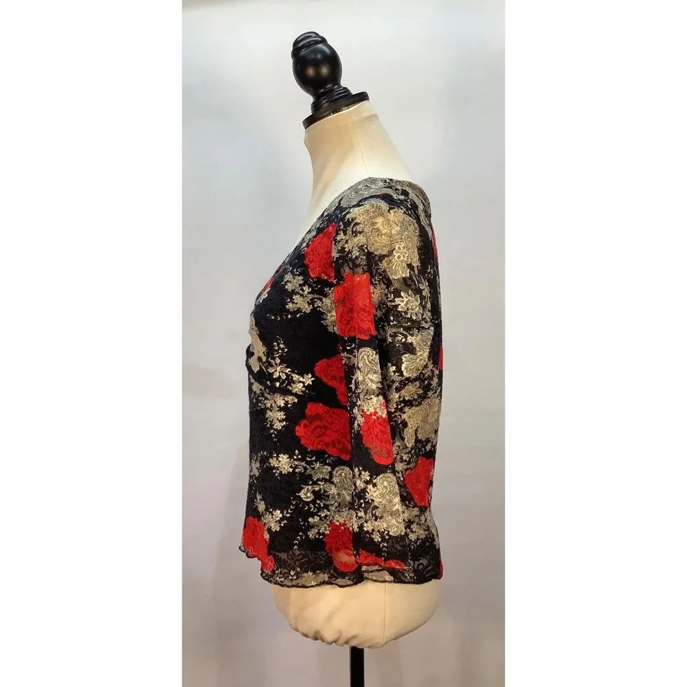 Y2K Babydoll Top Womens M (est) Black Red Rose Lace Sheer Fairy Whimsy Goth - Picture 3 of 7